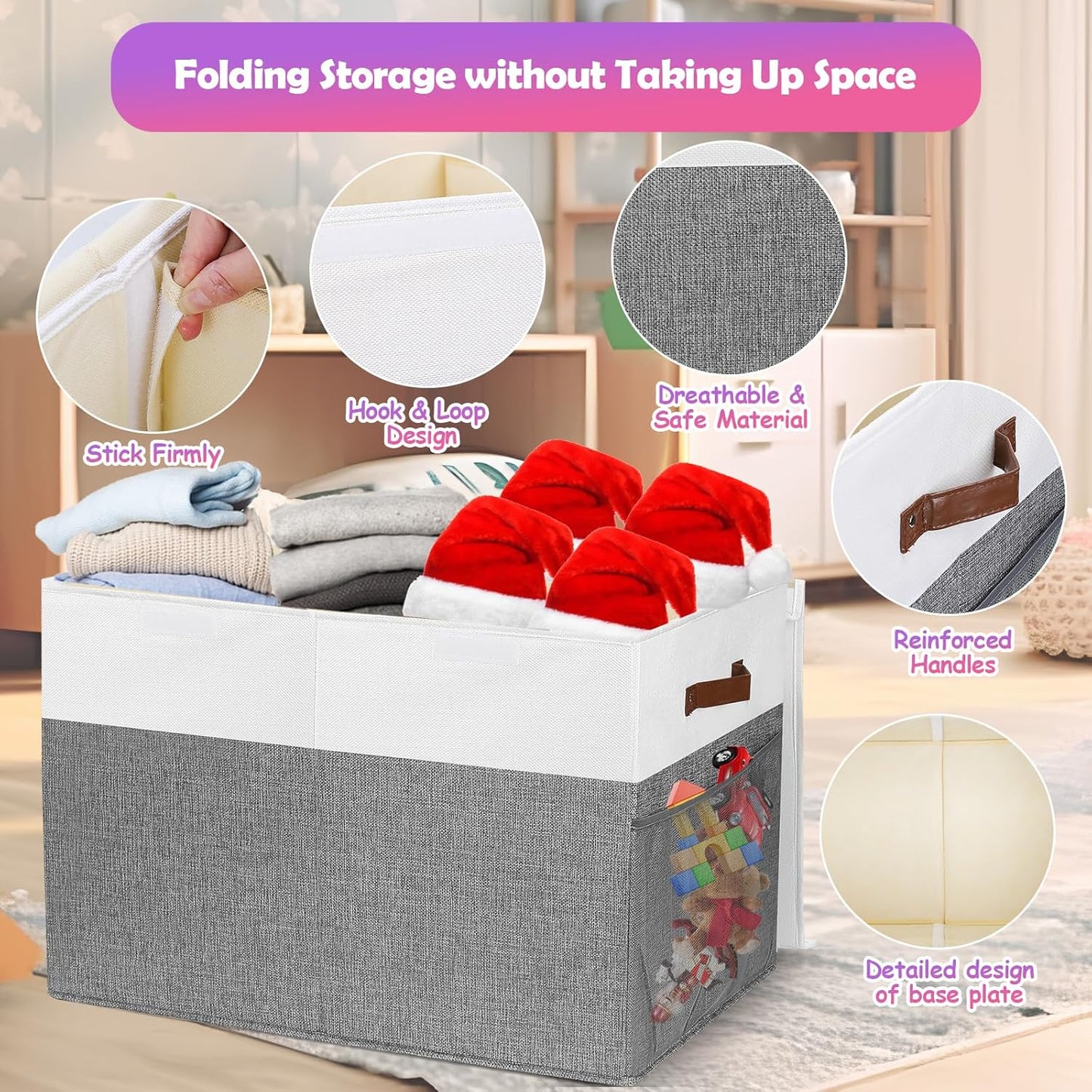 Large Toy Storage Box with Lid, Collapsible Sturdy Toys Storage Organizer Chest Bin Basket with Mesh Divider for Kids, Boys, Girls, Closet, Playroom, Bedroom, Nursery, 26"x17"x17" (Gray and White)