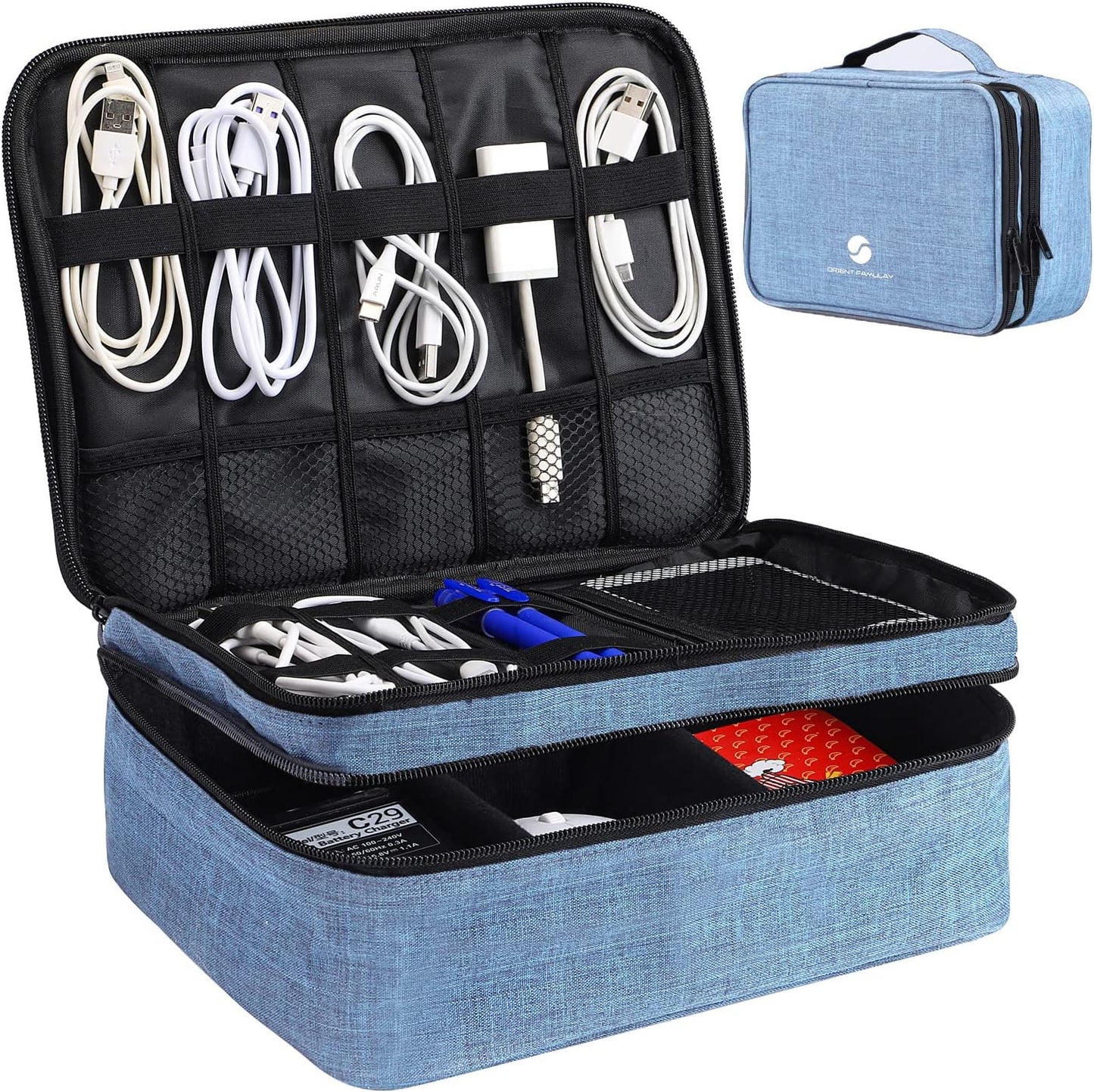 Travel Electronics Organizer, Waterproof Cable Organizer Bag for Electronic Accessories Double Layer Large Shockproof Cable Storage Bag for Cord, Power Bank, Tablet(Up to iPad 11 inch) - Denim blue