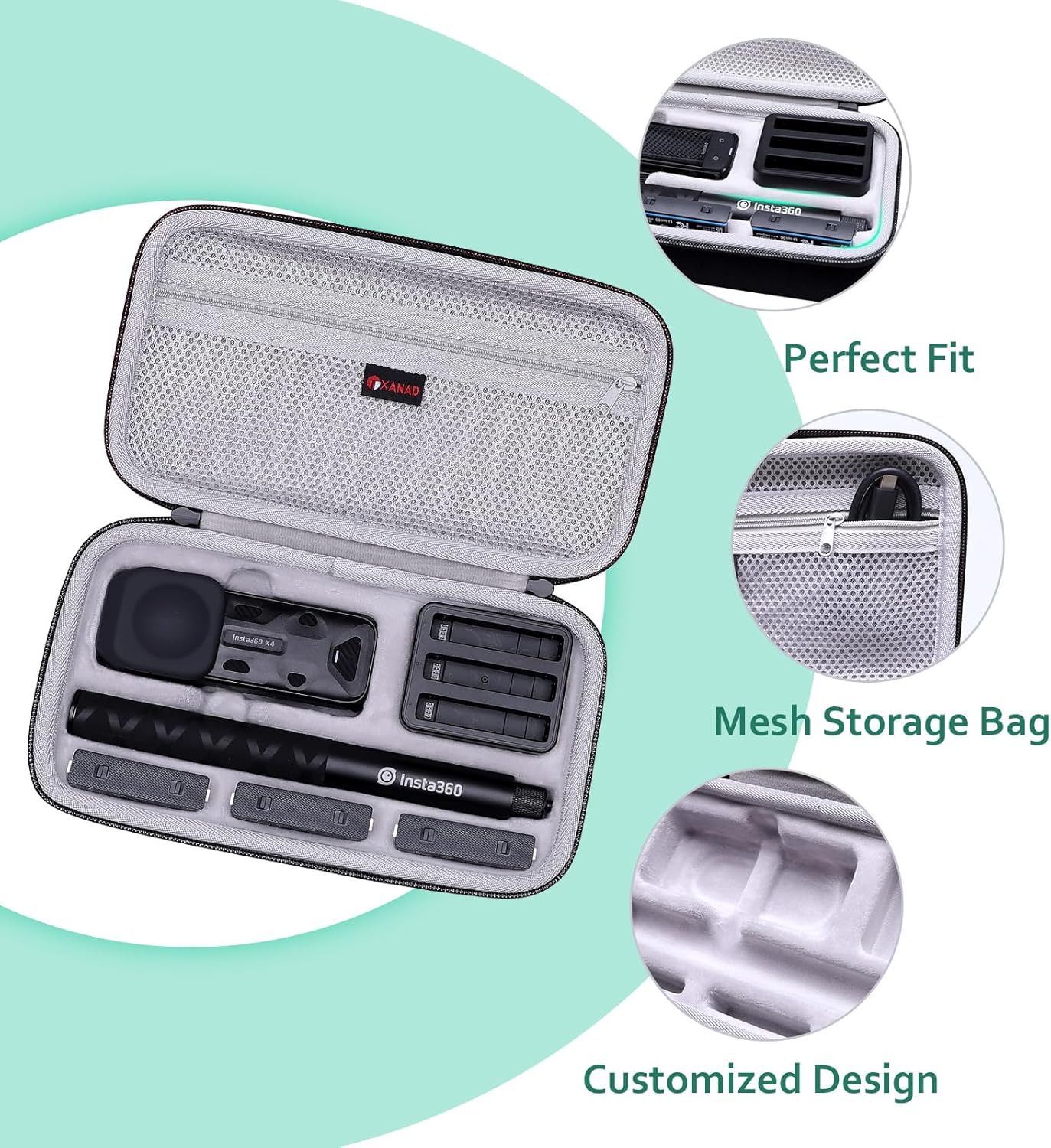 XANAD Hard Case for Insta360 X5/X4/X3/X2 Waterproof 8K 360 Action Camera,114CM Selfie Stick- Storage Carrying Bag