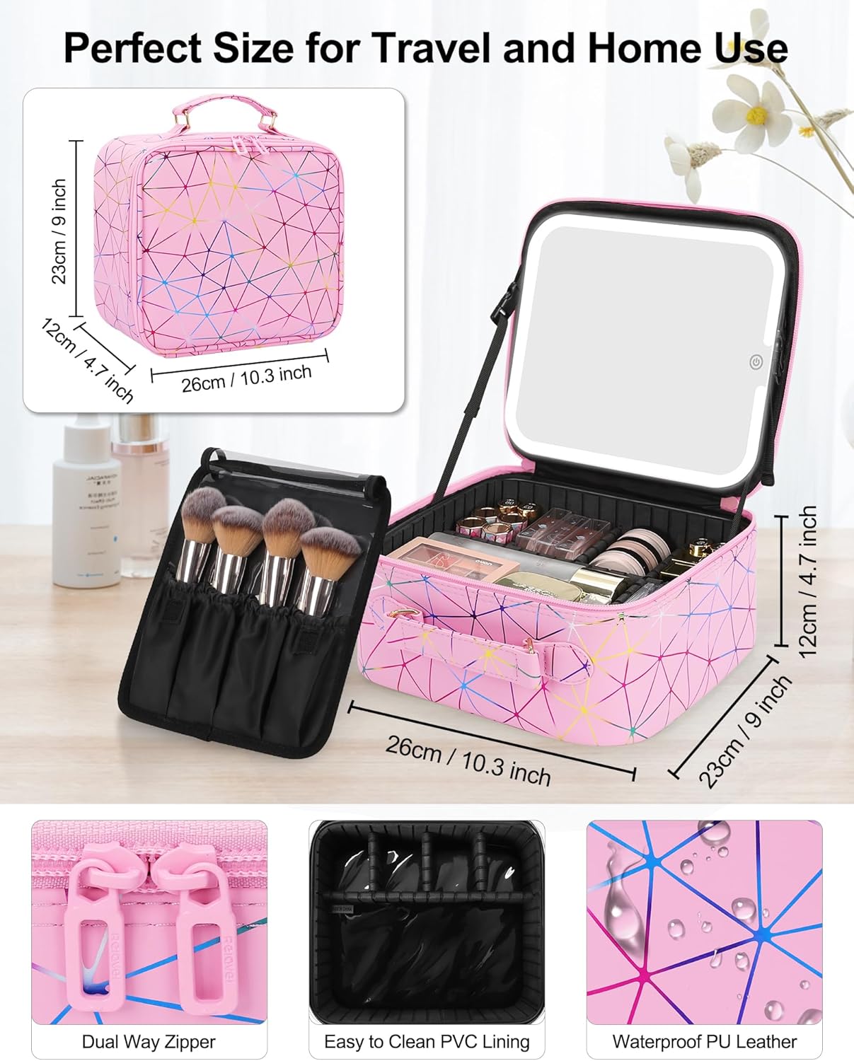 Chomeiu Makeup Bag with LED Mirror, Cute Cosmetic Bags Birthday Gifts for Girls Women, Makeup Train Case Artists Organizer Large Make Up Bags with Light Up Mirror 3 Color Lights, Pink Geometry