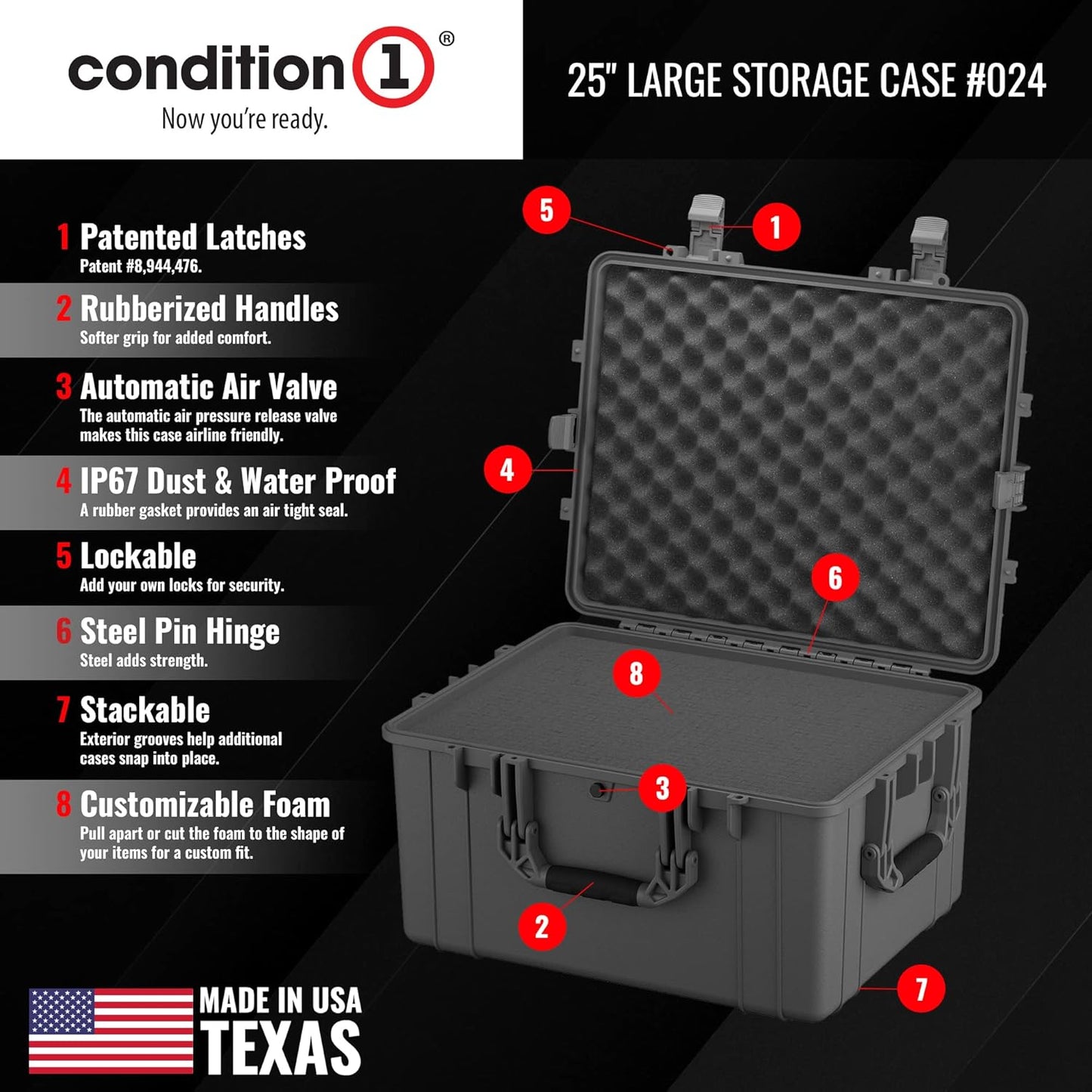Condition 1 25" Large Heavy-Duty Protective Waterproof Hard Case Model 024, Portable Storage Box with Customizable Foam, Camera, Tool, Hunting, Made in USA, 24.27"x19.40"x13.57" Gun Metal Gray