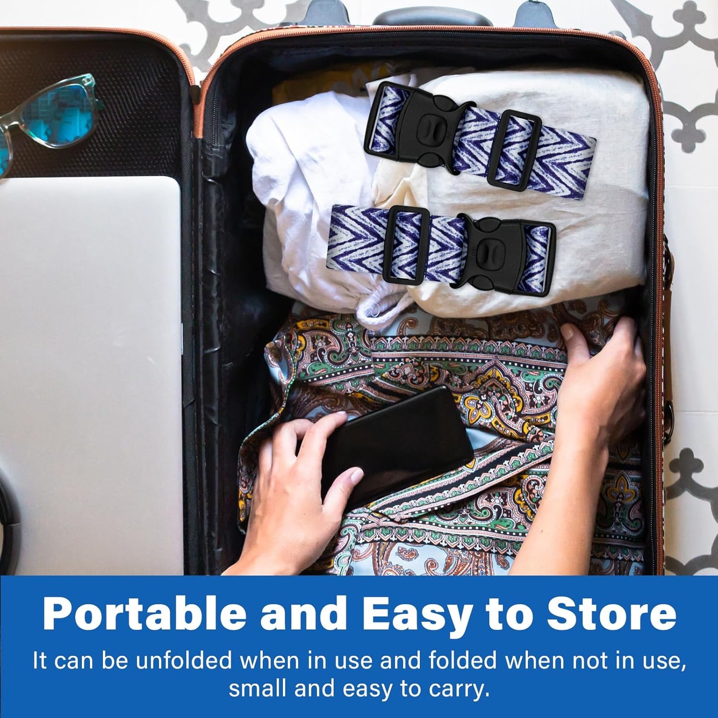 2 Pack Luggage Straps for Suitcases, Adjustable Travel Belt with Double Lock and Quick Release Buckle, Heavy Duty Nylon Bag Packing Strap, Unique Identifiers Business Travel Accessories-Blue Wave