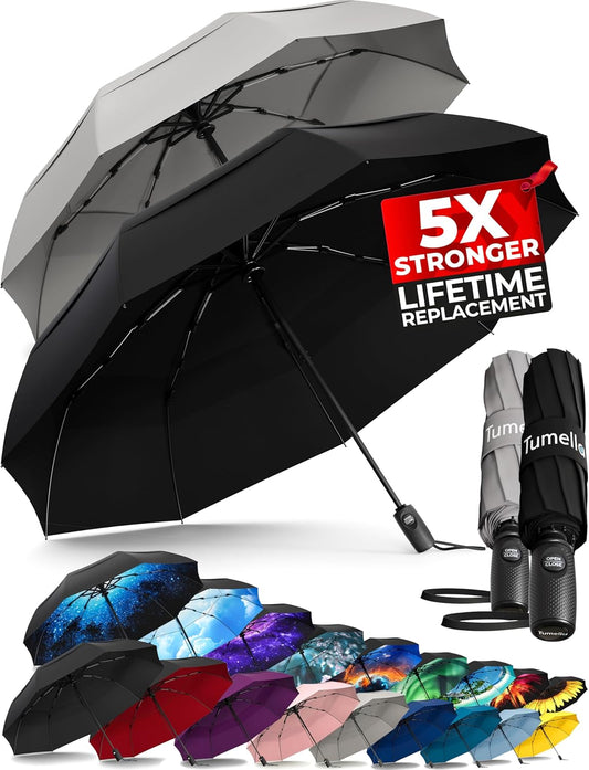 TUMELLA Strongest Windproof Travel Umbrella (Compact, Superior & Beautiful), Small Strong but Light Portable and Automatic Folding Rain Umbrella, Durable Premium Grip, Fits Car & Backpack