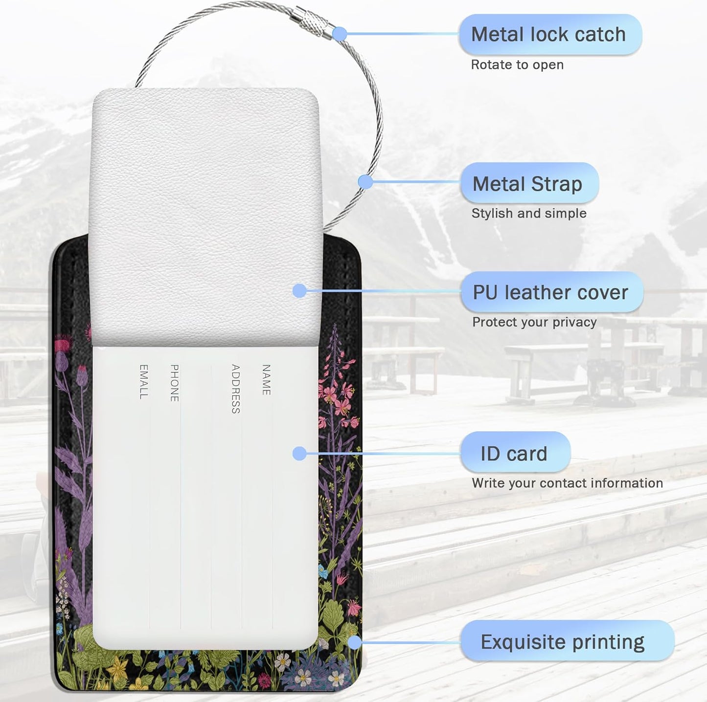 Butterfly Luggage Tags for Suitcase,Colorful Pink Tulip Flowers Luggage Tags of Set 2 Leather Identifiers Privacy Cover with Stainless Steel Loop for Women Men Travel Bag Suitcase