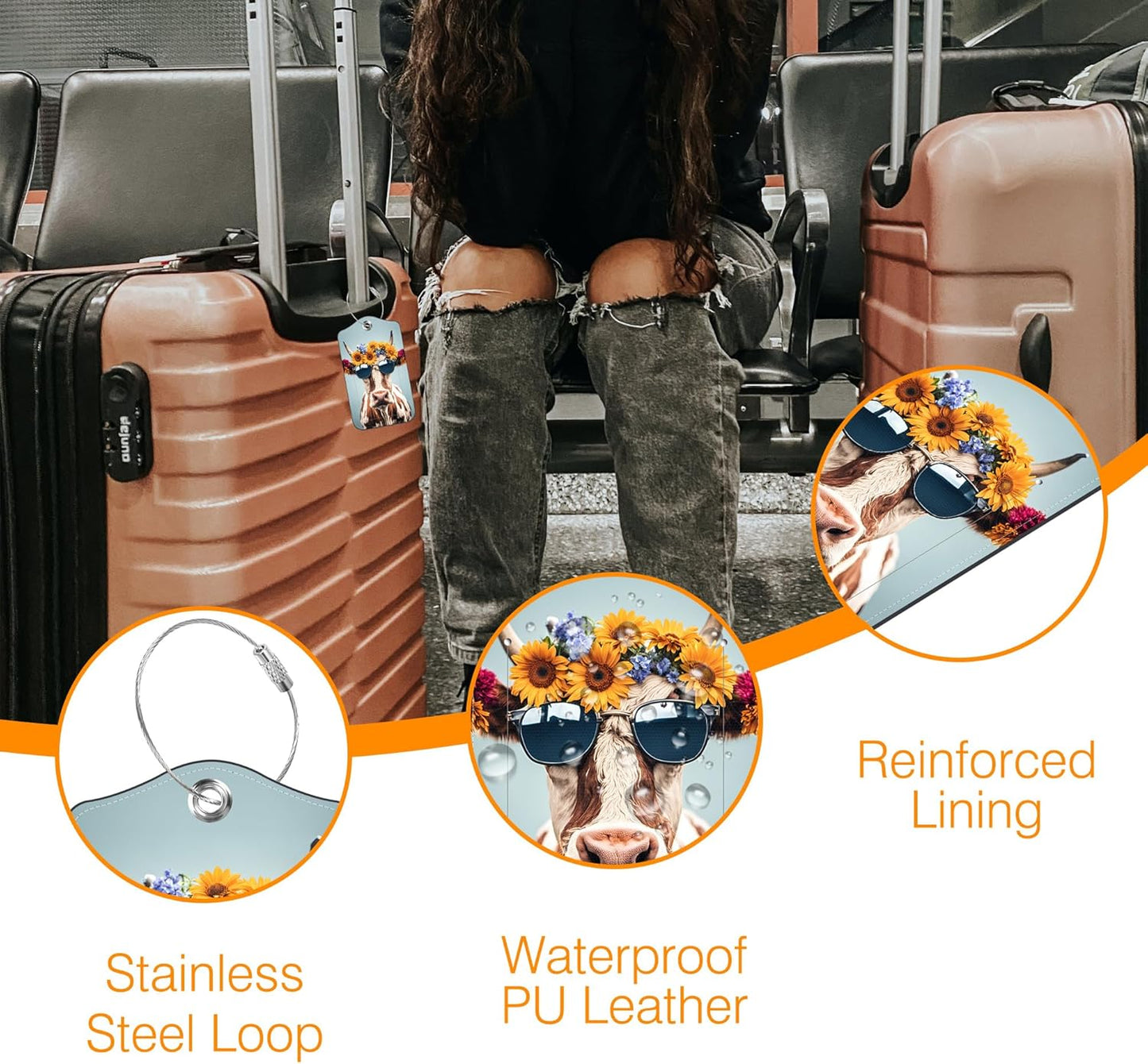 2 Pack Luggage Tag for Suitcase Cool Cow in Sunglasses Leather Travel Cruise Luggage Tag with Stainless Steel Loop Name ID Label Privacy Cover for Adults Teens Travel Bag Labels Set