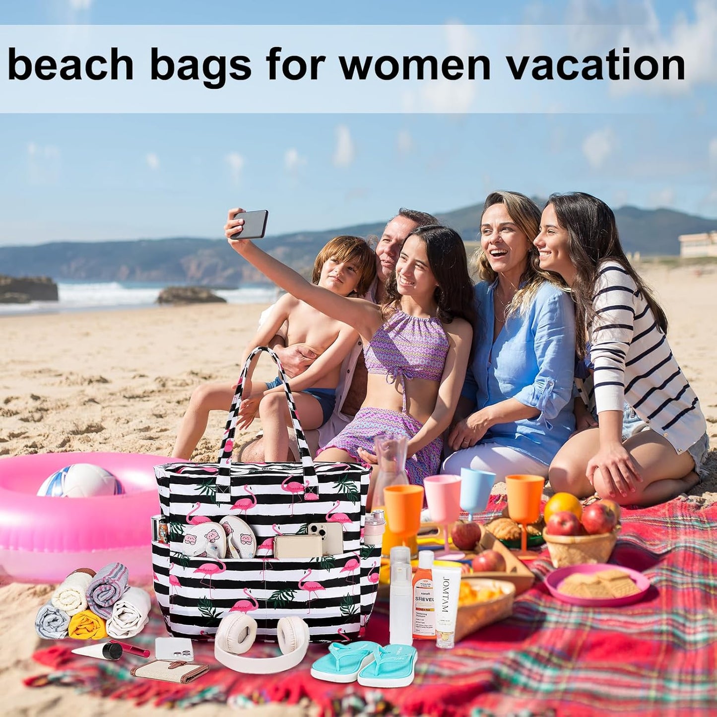 LEDAOU Large Beach Tote Bag Women Waterproof Sandproof Zipper Beach Tote Bag for Pool Gym Grocery Travel with Wet Pocket