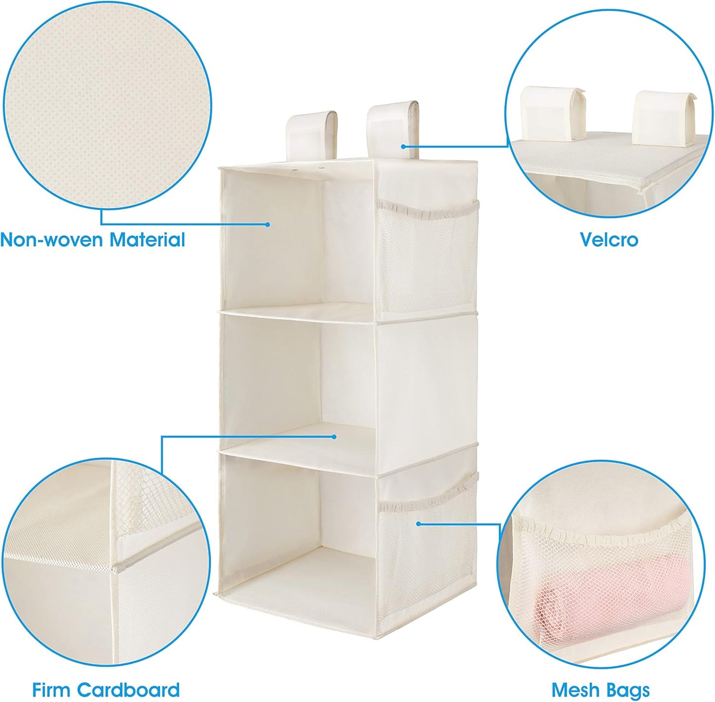 MAX Houser 3-Shelf Hanging Closet Organizer, Hanging Sweater Organizer, Foldable Hanging Shelves for Closet with 2 Velcro, Beige