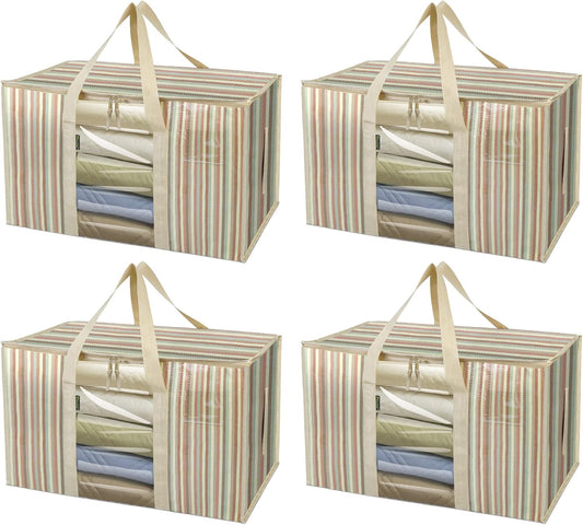 BALEINE 4-Pack Oversized Moving Bags with Reinforced Handles, Heavy-Duty Storage Tote for Clothes, Moving Supplies (Color Stripe with Window, 4-Pack)