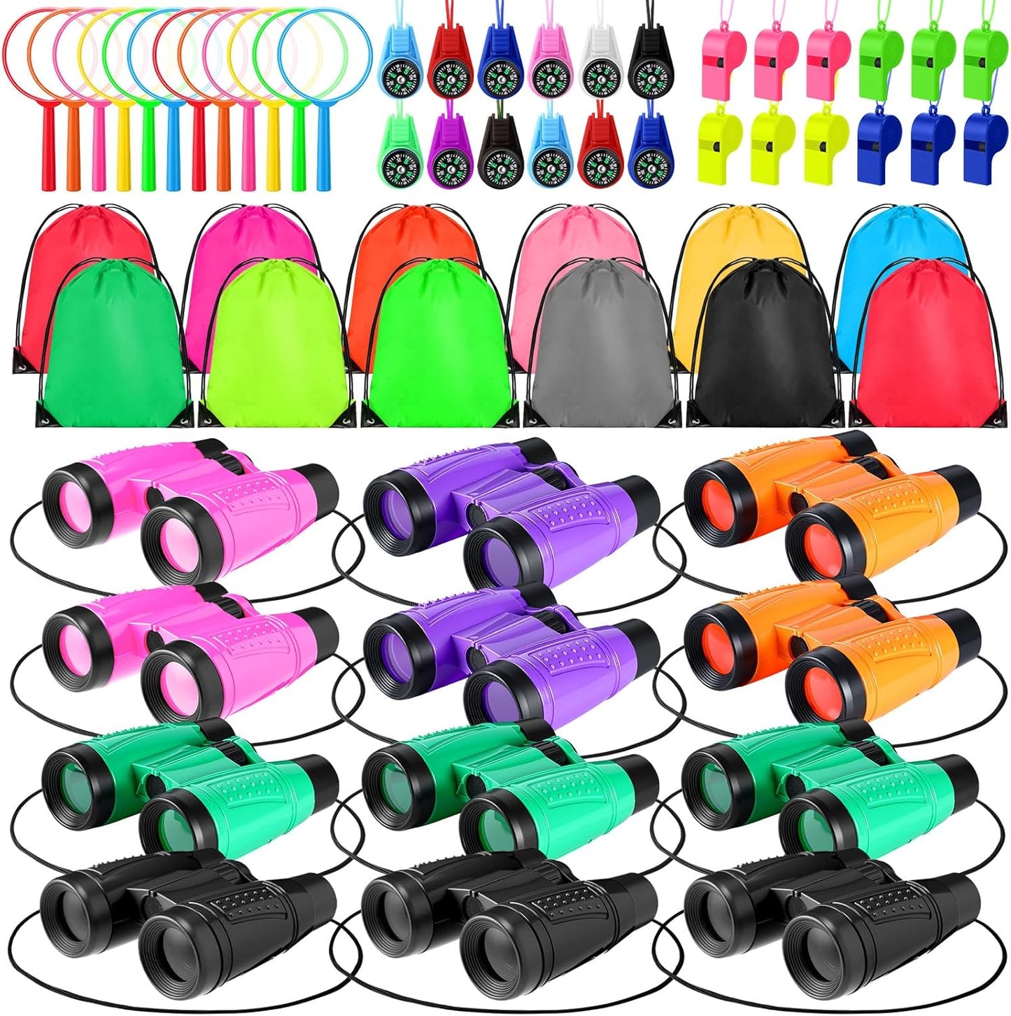 12 Set Binocular Compass Magnifying Glass Set Christmas Birthday Gift Small Telescope Binocular with Whistle Bag for Outdoor Exploring Stocking Stuffer(Stylish Color,Classic)