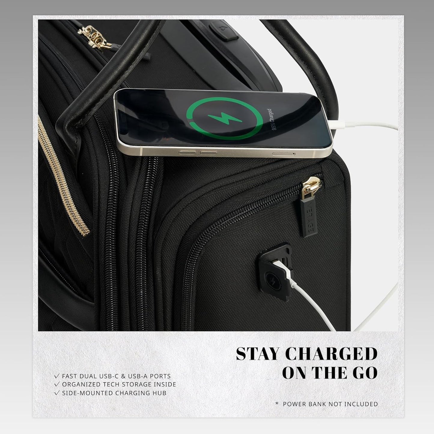 Verage 18x14x8in Spinner Underseat Carry-On Luggage -Airplane Personal Item Bag, USB A&C Charging Port, Padded Laptop Pocket & Wet/Dry Compartments for Women, Classic Black