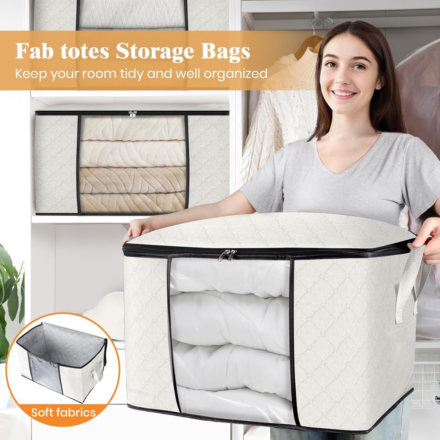 Fab totes 24 Gallons Clothes Storage, Foldable Thick Fabric Blanket Storage Bags, Containers for Organizing Bedroom, Closet, Clothing, Comforter, Organization with Handle (3 Pack,Ivory)