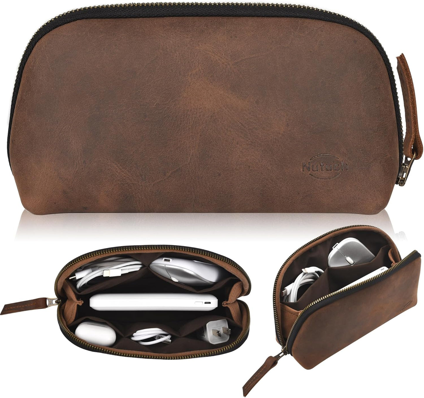 Leather Tech Pouch for Cables Chargers Phone | Tech Bag | Zipper Travel Accessory Pouch | Electronic Organizer Case Travel Bag (Vintage Dark Brown)