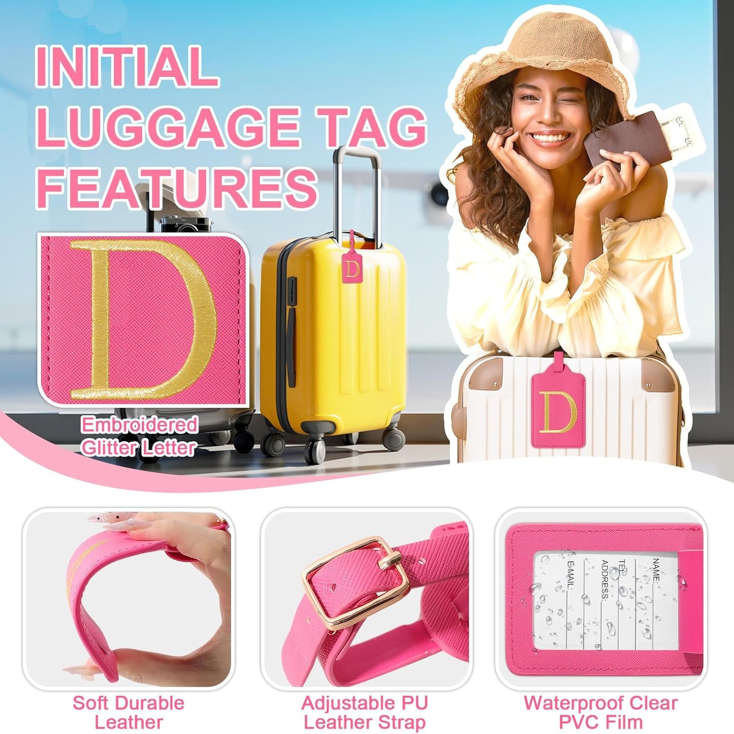 Personalized Initial Rose Red Leather Cute Luggage Tags with Privacy Cover Name Card, Custom Monogram Embroidered