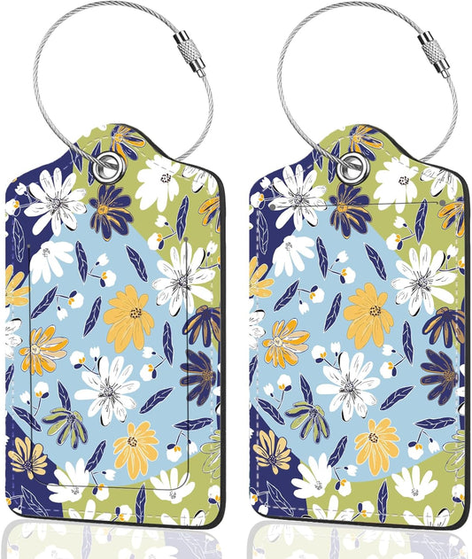 2Pack Luggage Tags for Suitcases, Cute Unique Pu Leather Cruise Luggage Tag with Privacy Cover ID Label Address Card and Metal Ring Suitable for Women Men Kids Travel Bag Yellow and White Floral Print