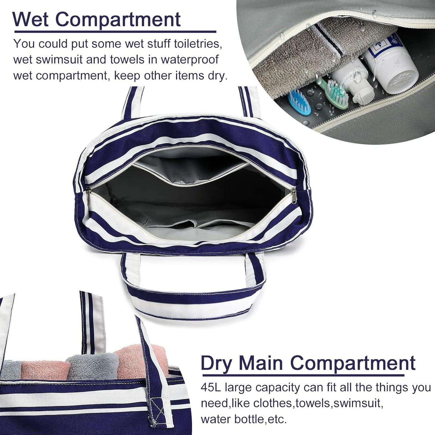 LEDAOU Beach Bag Waterproof Sandproof Women Tote Bag Pool Bag with Zipper for Gym Grocery Travel with Wet Pocket