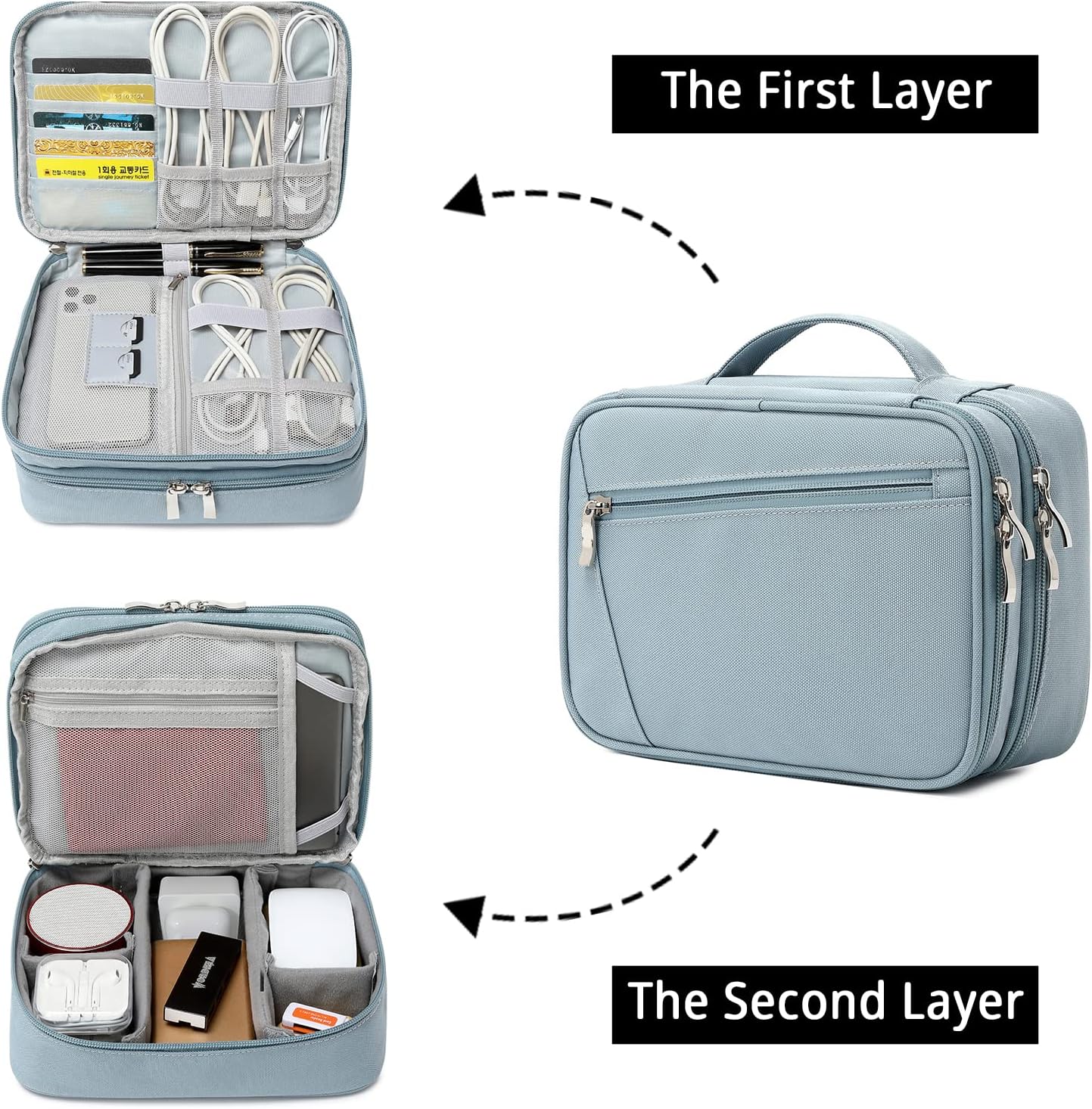 mygreen Electronics Travel Organizer, Watreproof Electronic Accessories Case Portable Double Layer Cable Storage Bag for Cord, Charger, Flash Drive, Phone, Ipad Mini, SD Card, Gifts for Him Grey Blue