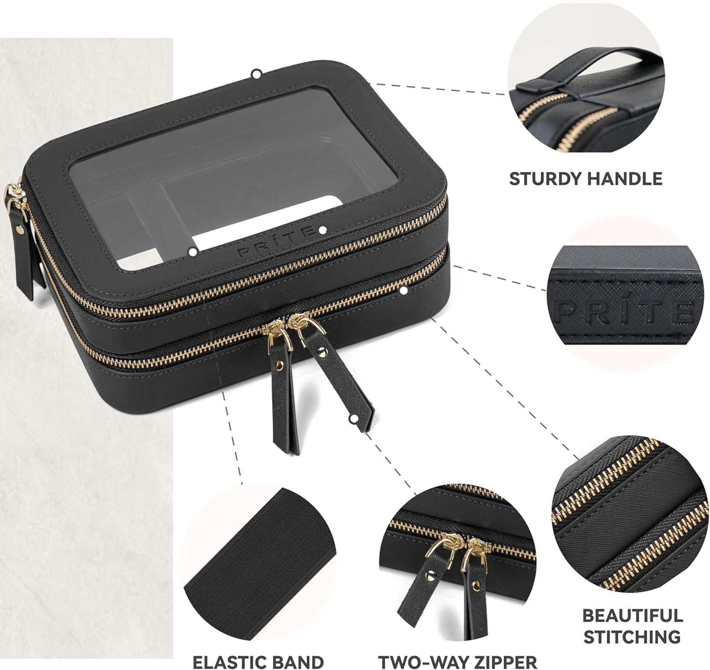 Prite Clear Makeup Bags Double Layer Cosmetic Bags with a Separate Brush Compartment Travel Makeup Bag for Women Travel Accessories Organizer for Purse(Black)