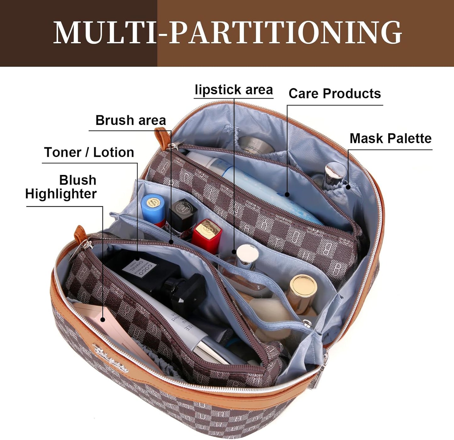 BOYATU Travel Makeup Bag Cosmetic Bags for Women: 3 Pcs Set Portable Make up Bag with Handle - Vegan Leather Toiletry Bags with Compartments - Makeup Organizer for Travel Essentials(02-Brown)