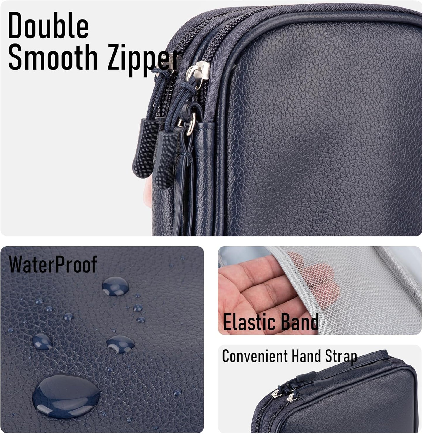 Leather Travel Electronic Organizer - Double Layer, Waterproof Case for Cables, Chargers, Phones & More - Portable, Shockproof Pouch for All Your Electronics Accessories (Dark Blue, M)