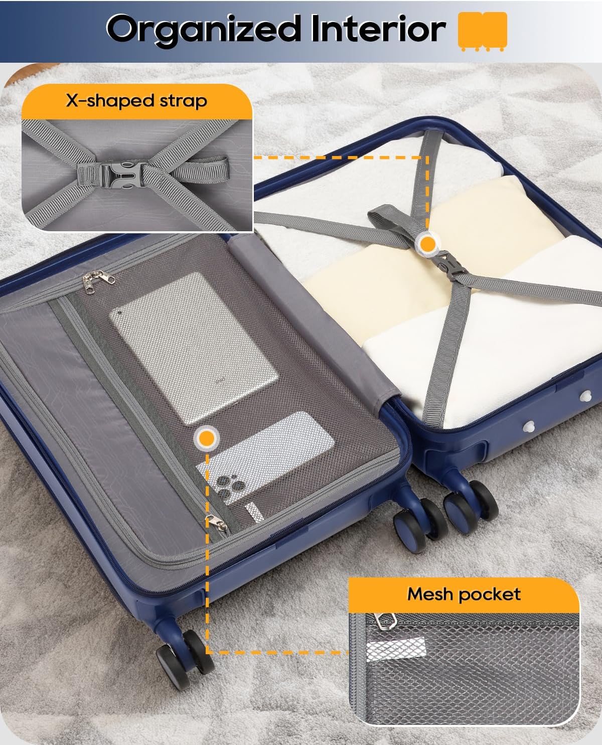 Joyway Carry on Luggage Airline Approved with Front Pocket, Hardside 20 Inch Travel Luggages with Cup Holder, Carry-on Suitcase with Spinner Wheels for Men and Women (Blue, 20 Inch)