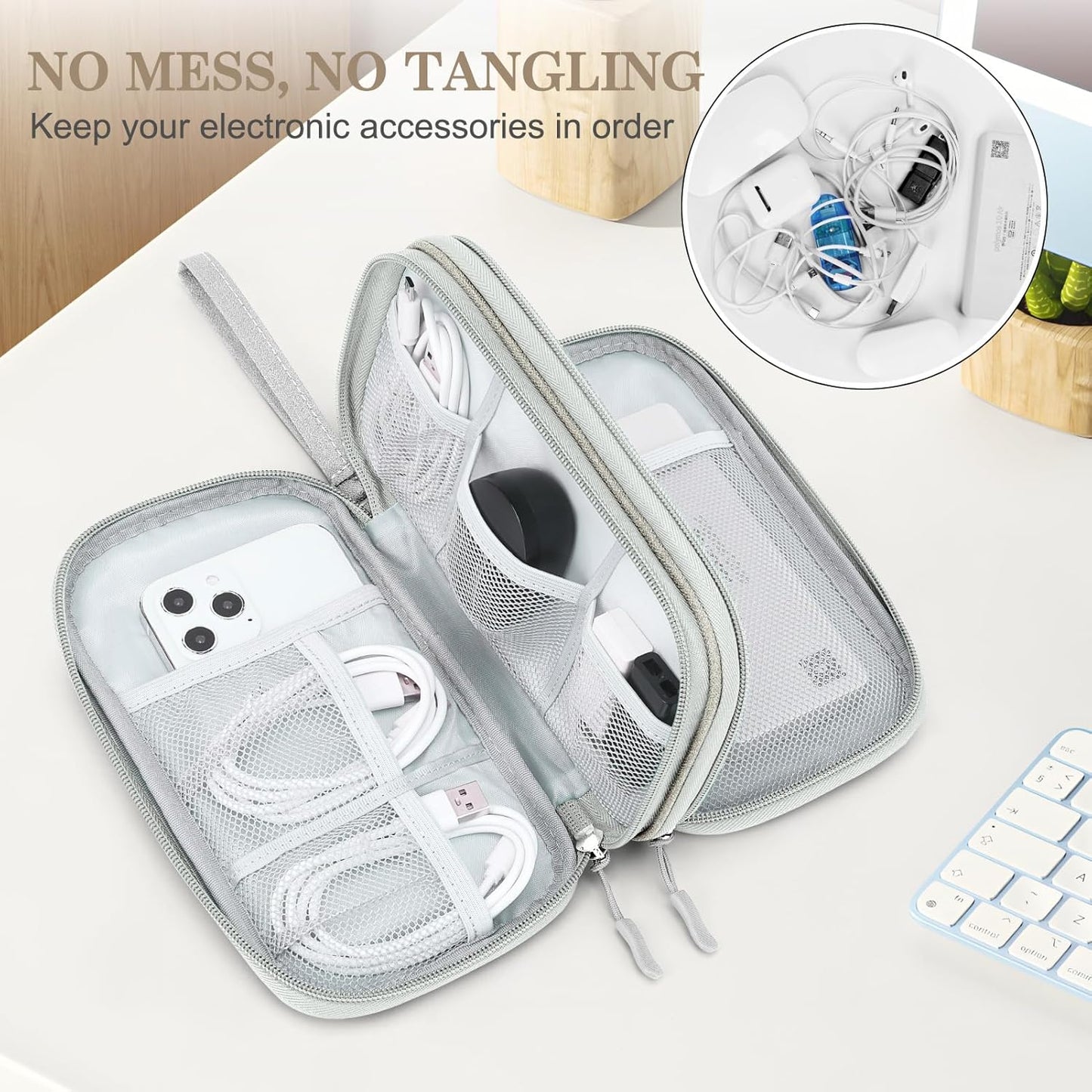 FYY Electronic Organizer, Travel Cable Organizer Bag Pouch Electronic Accessories Carry Case Portable Waterproof Double Layers Storage Bag for Cable, Charger, Phone, Earphone, Medium Size- Khaki