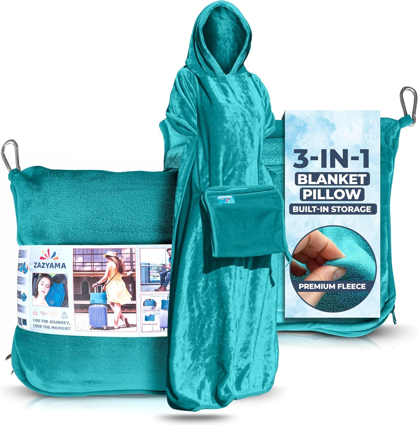 3-in-1 Travel Blanket Airplane – Compact with Bag & Pillow Combo Set, Ultra-Soft Fleece | Packable Blanket Compact | Hidden Pocket | Trolley Sleeve | Carabiner | Travel Essentials (Aqua Teal)