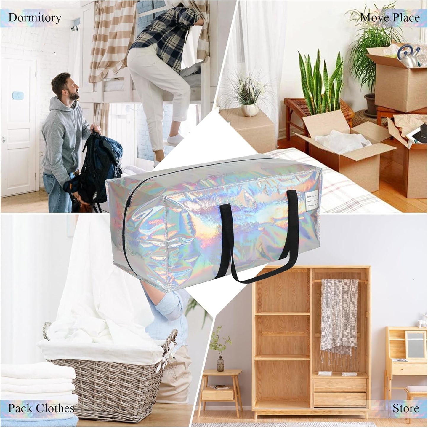 6 Pack Heavy Duty Moving Bags Extra Large Waterproof Foldable Clothing Storage Totes Bags with Zipper,Reinforced Handles,Packing Moving Boxes for Dorm & Seasonal Storage,Iridescent