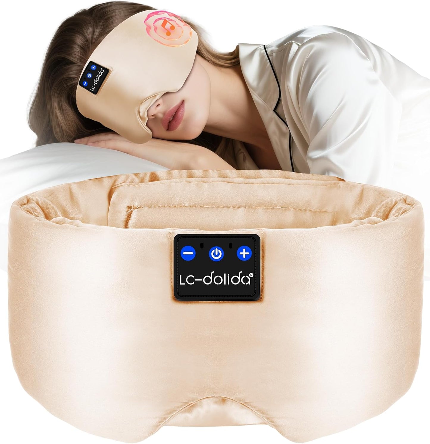 LC-dolida Luxurious Silk Soft Sleep Mask, Sleep Headphones with Bluetooth 5.4 for Side Sleeper, Total Blackout Eye Sleeping Mask for Women and Men, Ideal Gift for Restful Sleep, Travel(Champagne)