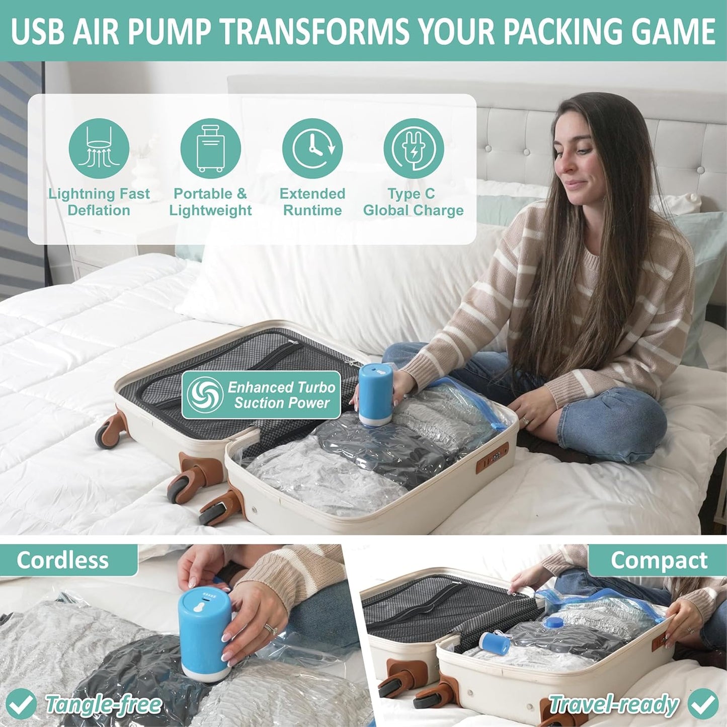 Cozy Essential Travel Vacuum Clothes Bags with Rechargeable Electric Pump for Luggage, Suitcase, Vacuum Seal Compression Space Saver Bags for Clothing, 8 Pack