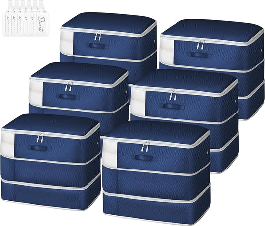 Comforter Storage Bag - Large Capacity Blanket Storage Bags 3-Layer Ultra Space Saving Self Compression Organizer, Washable Compression Bags for Storage Comforter Blanket, 6-Pack, Navy Blue