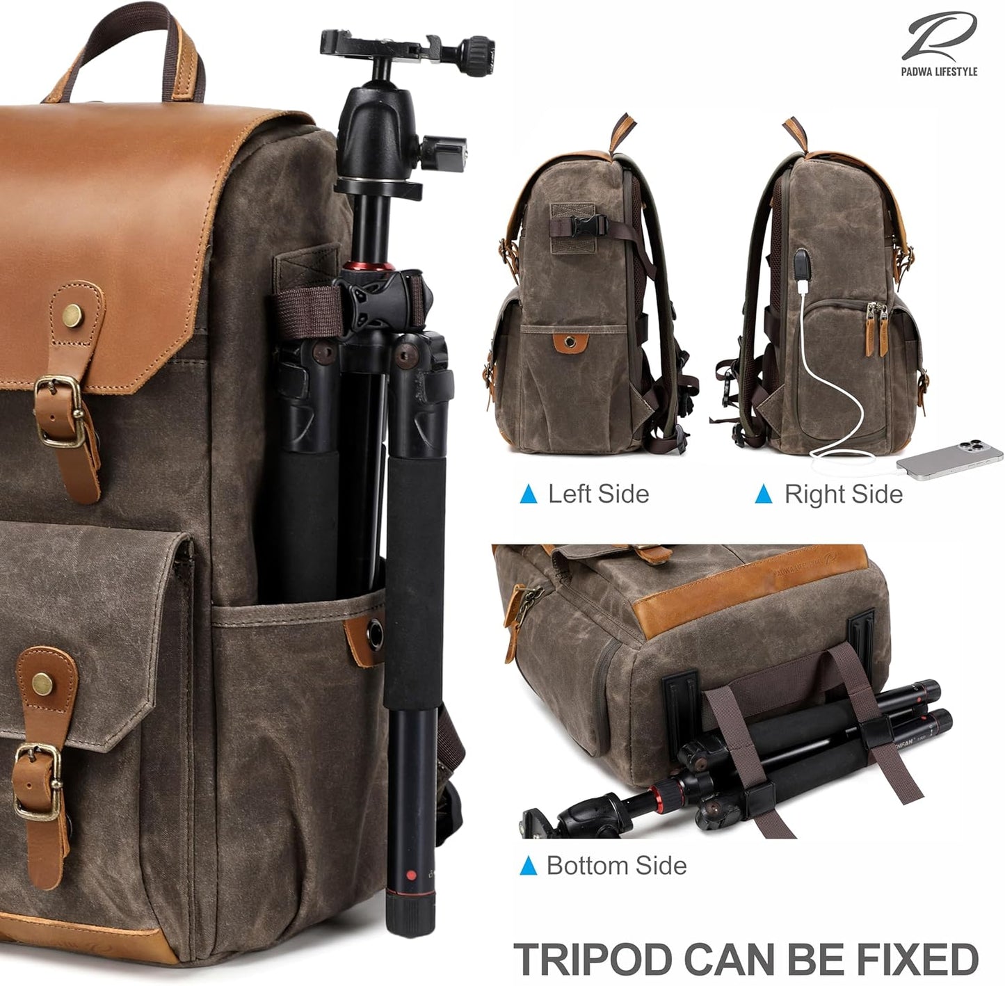 Padwa Lifestyle Coffee Camera Backpack - Waxed Memory Weather Resistant Canvas Camera Backpacks for Photographers,Multi DSLR SLR Camera Bag with 16” Laptop & Lens Compartment and Tripod Holder