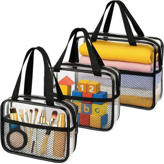 XEWEA Large Small Clear Travel Toiletry Bags with Handles & Pocket for Men Women, 3PCS TSA Approved Transparent Makeup Bag,Waterproof PVC Quart Organizer with Zipper for Toiletries Airline Essentials