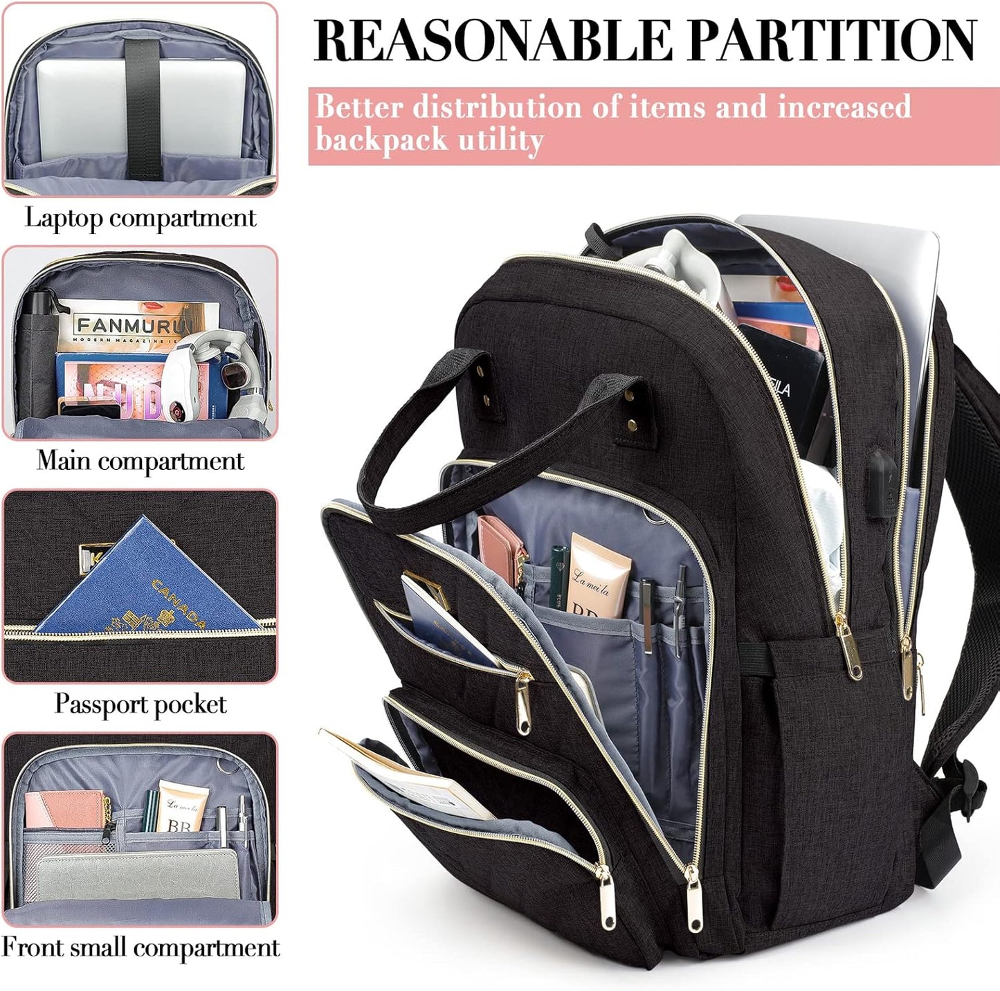 Laptop Backpack for Women Men, School Backpacks for Teens Girls Boys, 17.3 Inch Work Laptop Bag with USB Port Charging, Water Resistant College Bookbags for Girls, Black