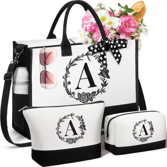 Personalized Christmas Gifts for Women, Initial Canvas Tote Bag & Makeup Bag Monogrammed Beach Tote Bags for Women w/Zipper, Birthday Gifts for Mom Her Sister Friend Girlfriend Wife Daughter Teacher