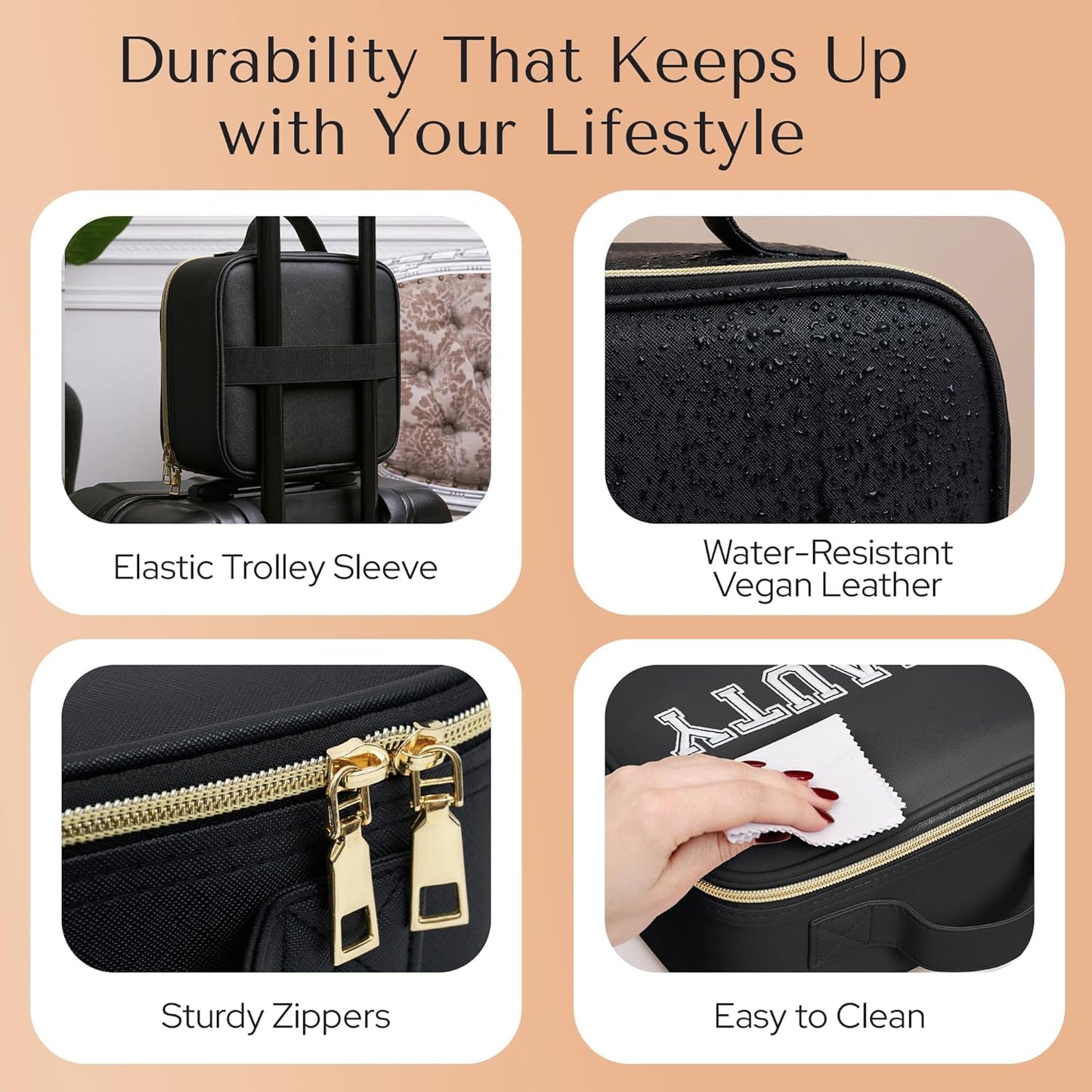 Makeup Bag with LED Mirror – Travel Cosmetic Organizer with Lighted Mirror, Adjustable Dividers & Brush Holder Storage – Portable PU Leather Makeup Case for Women & Girls - Black