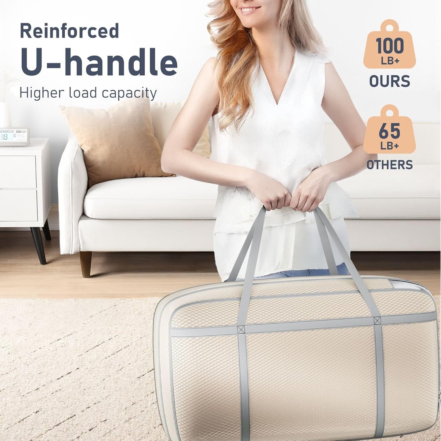 DIMJ Large Compression Comforter Storage Bag with Carry Handls, 100L Washable Blanket Storage Packing Totes, Space Saving Containers For Pillow, Clothes, Bedding, 4 PCS