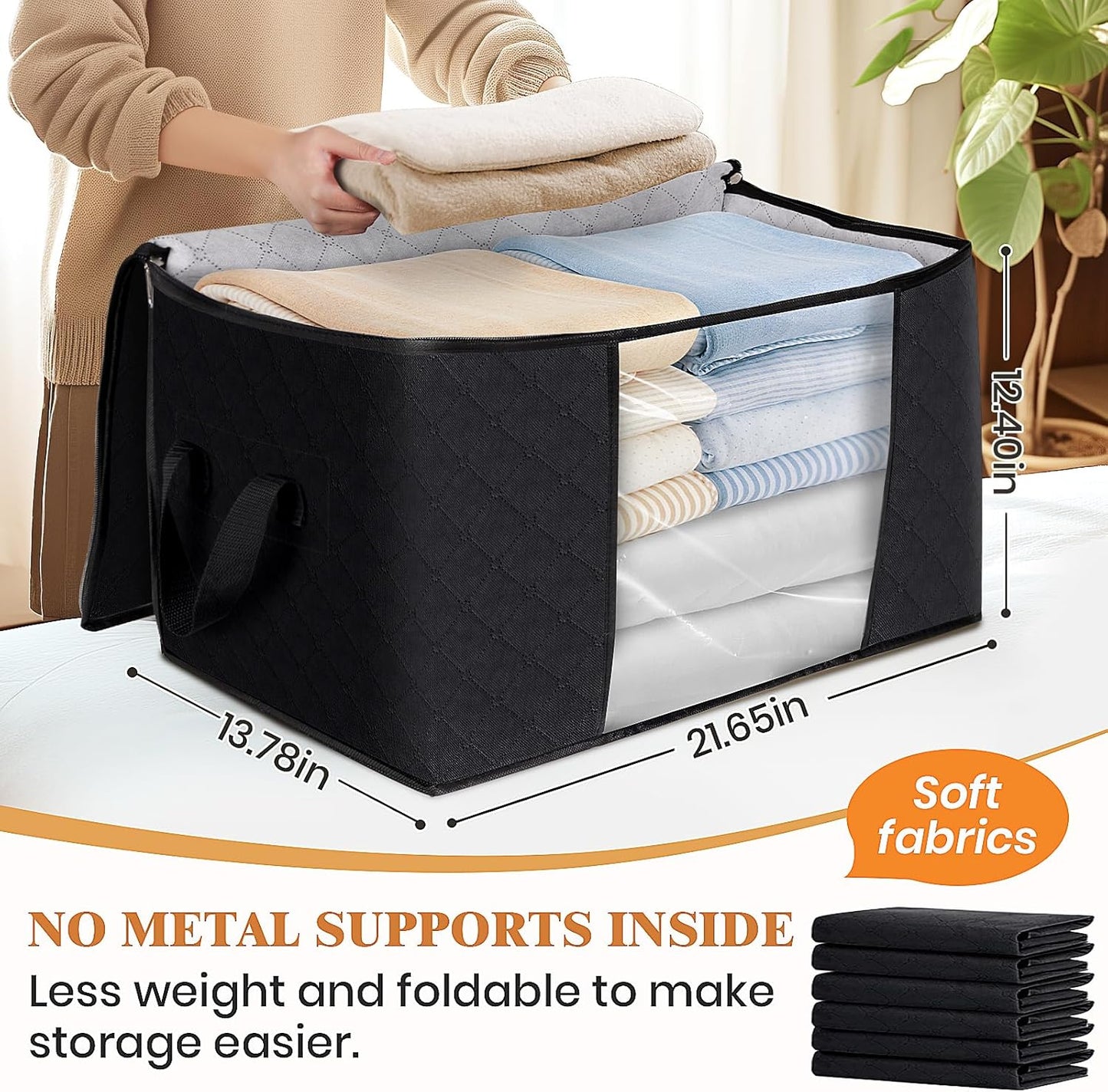 Fab totes 10 Pack Clothes Storage, Foldable Thick Fabric Blanket Storage Bags, Containers for Organizing Bedroom, Closet, Clothing, Comforter,Closet Organization with Handle,Black