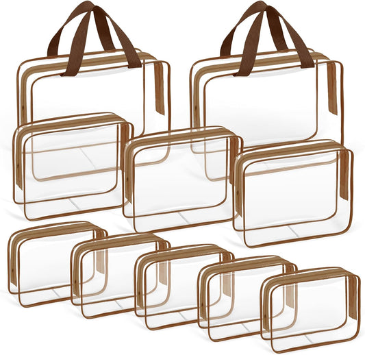 TISRATOK 10 PCS Clear Travel Makeup Toiletry Bag, Plastic PVC Cosmetic TSA Approved Organizer Kit with Zipper Handbag（Coffee）