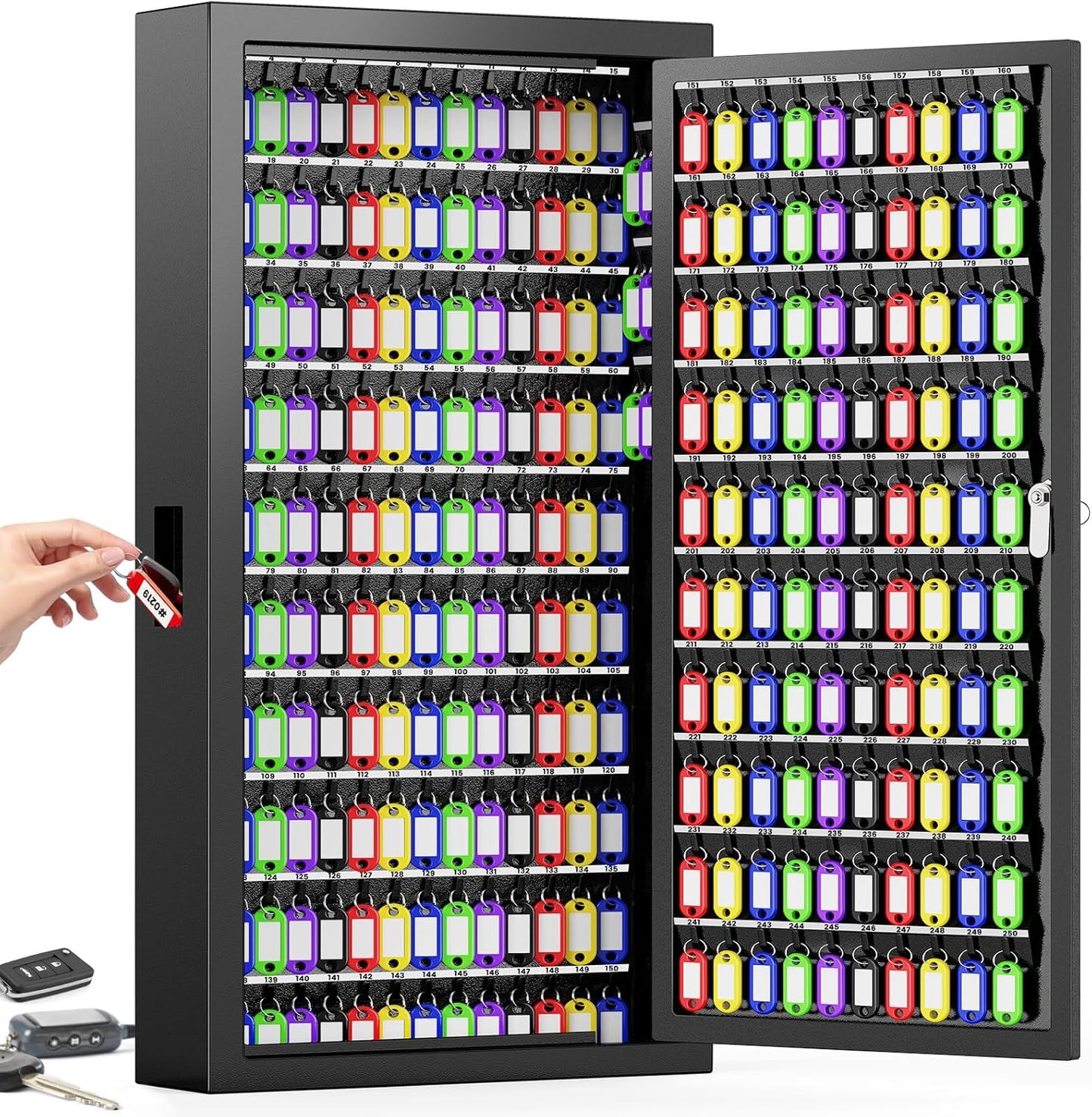 250 Keys Key Lock Box Wall Mount with Additional 24 Side Hooks and Key Tags, Anti-Theft Key Box Key Cabinet with Side Drop Slot, Key Organizer Key Safe for Home Office Garage Rental Business
