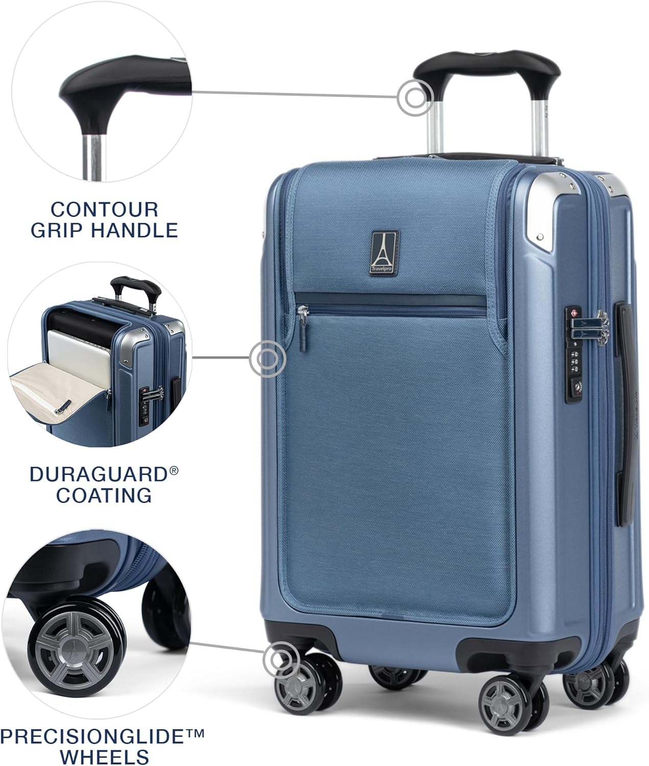 Travelpro Platinum Elite Hardside Expandable Carry on Luggage, 8 Wheel Spinner, TSA Lock, Hard Shell Polycarbonate Suitcase, Dark Sky Blue, Carry on Laptop Pocket 21-Inch