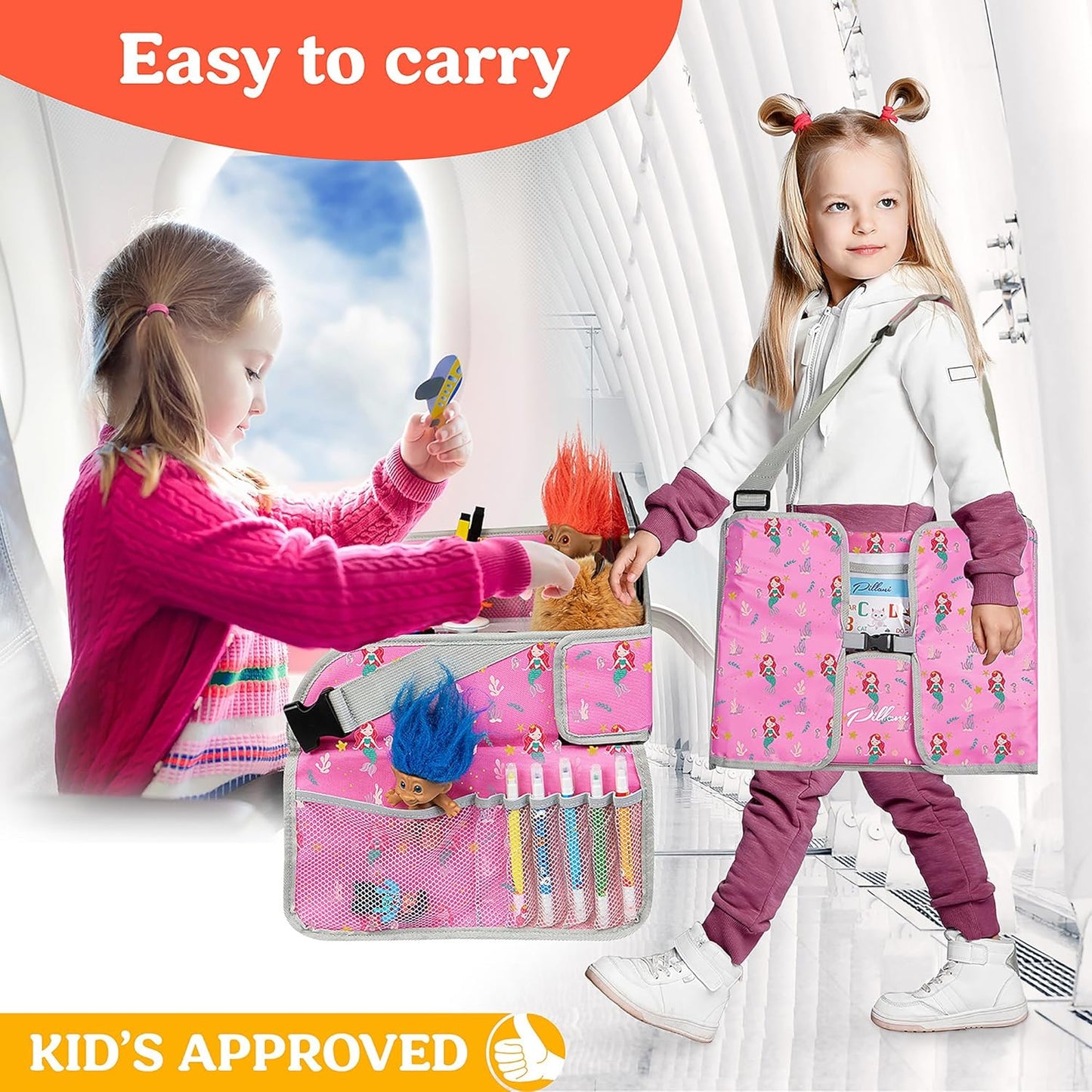 PILLANI Kids Travel Tray for Car - Car Seat Tray for Kids, Road Trip Essentials & Must Haves, Carseat Table Roadtrip Activities - Toddler Lap Desk Organizer for Airplane