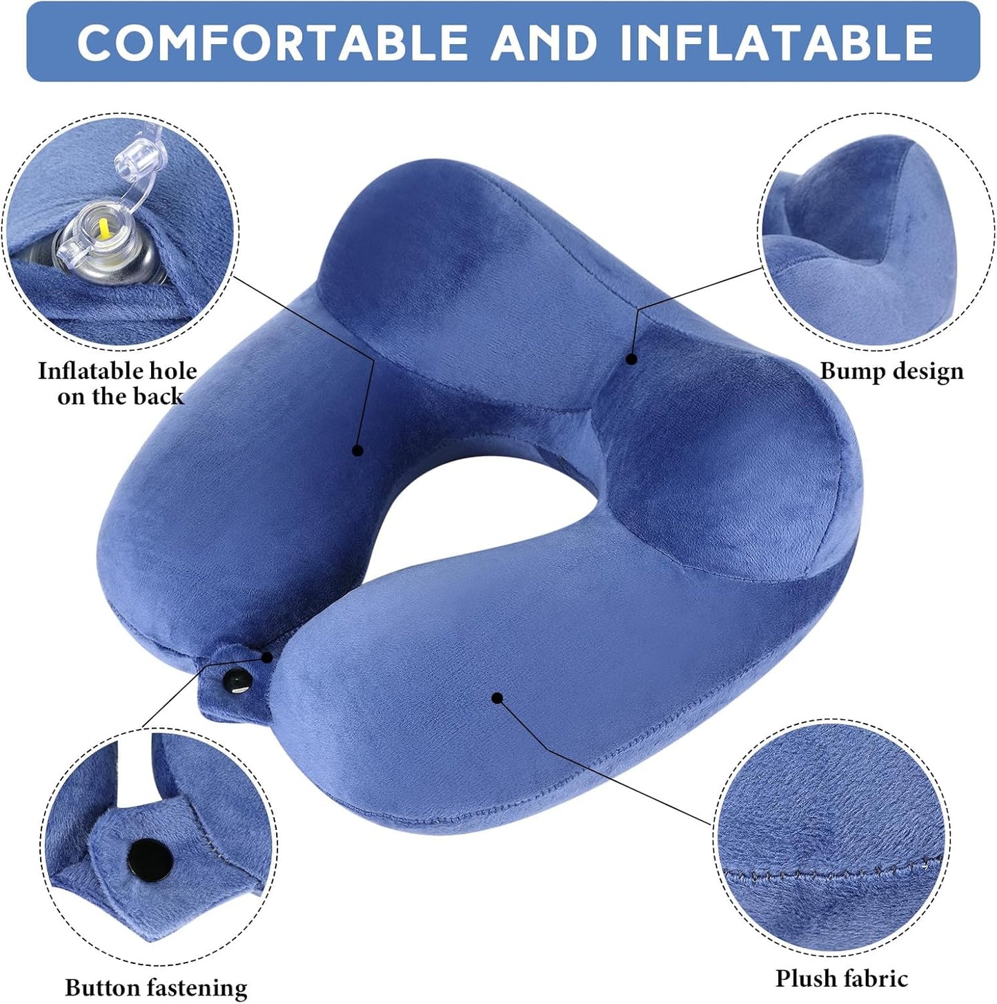 Sintuff 2 Pcs Inflatable Travel Pillow with Compact Bag and Blindfold Velvet Inflatable Neck Airplane Pillow Washable Cushion for Airplanes Flight Car Long Traveling Kids Adults Grey Blue