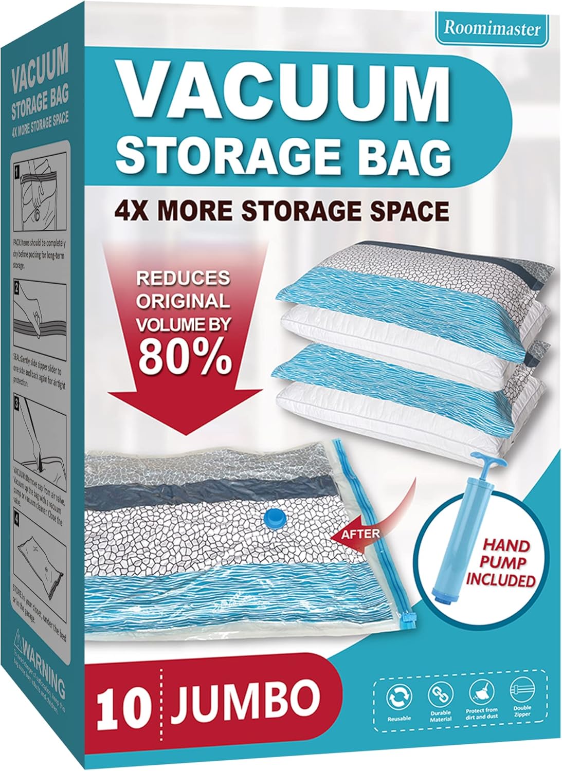 Vacuum Storage Bags, 10 Jumbo Space Saver Bags with Pump, Space Bags, Vacuum Sealer Bags for Clothes, Comforters, Blankets, Bedding