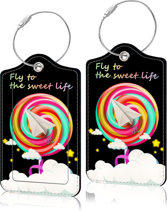 2 Pack Luggage Tag for Suitcase, Cute Unique Leather Suitcase Tags Identifiers with Privacy Name Address Labels & Durable Steel Loop for Women Men Travel