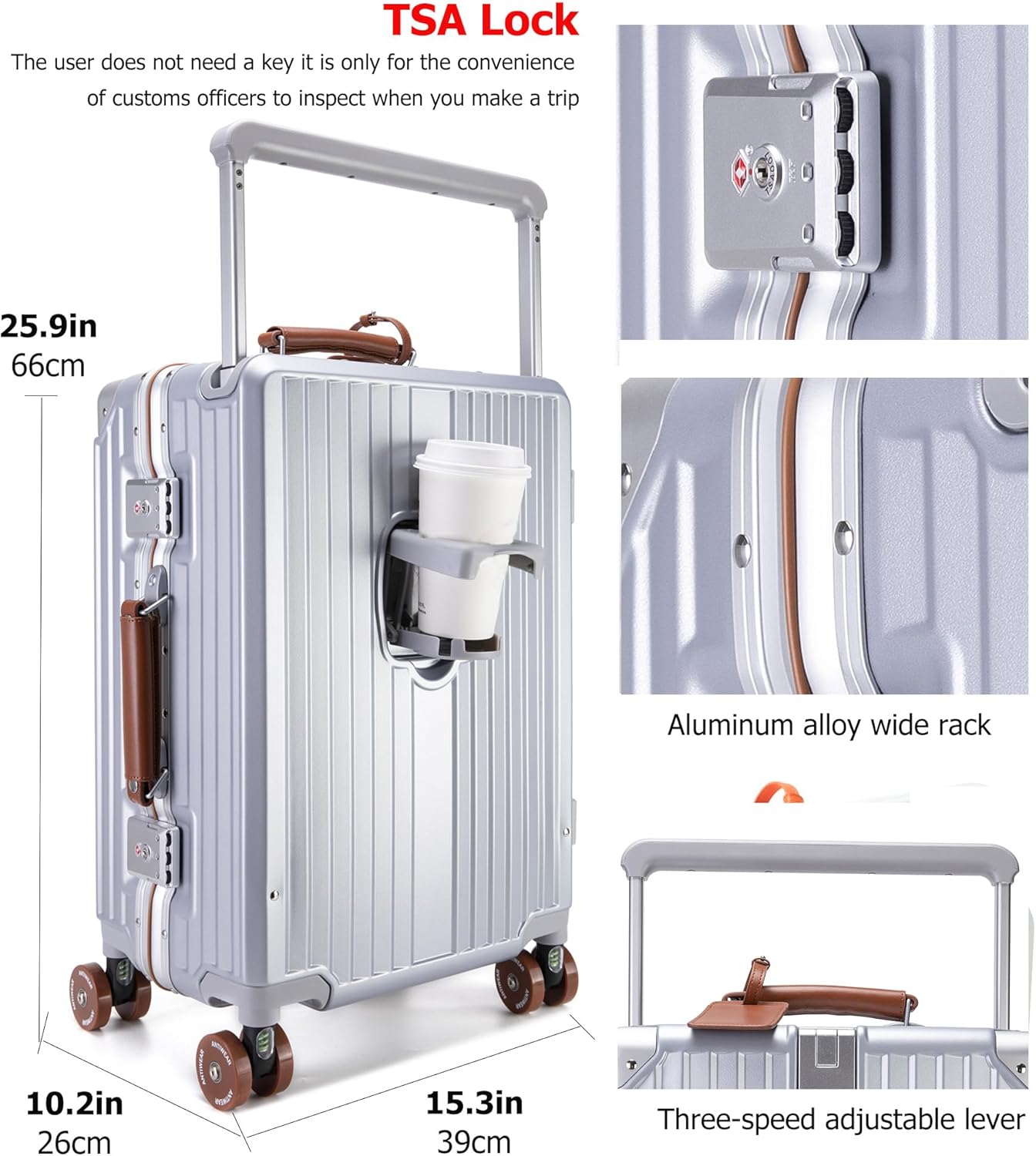 feilario 24in Aluminum Frame Wide Handle Hard Shell Carry On Suitcase - Vivid Colors Double Spinner Wheels Airline Approved Rolling Luggage with TSA Lock & Cup Holder (Silver, 24in)