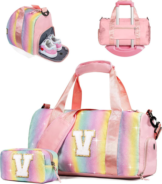 Valentines Day Gifts for Her-Girl Gym Bag with Shoe Compartment, Kid Personalized Weekender Overnight Bags, Initial Travel Tote with Makeup Pouch, Girls Kids Easter Gift (Letter V)