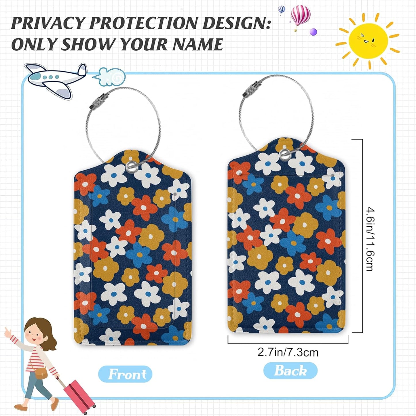 3 Pack Luggage Tag for Suitcase,Vintage Groovy Flowers Leather Luggage Tags with Privacy Cover Name ID Label Identifiers Travel Bag Tags for Women Men Boys Girls