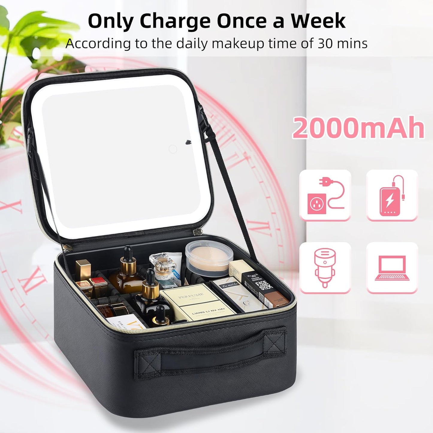 Travel Makeup Bag with LED Mirror – Waterproof Cosmetic Train Case with Adjustable Dividers, Portable Makeup Organizer and Toiletry Bag for Women, Pink Teens & Girls Gift