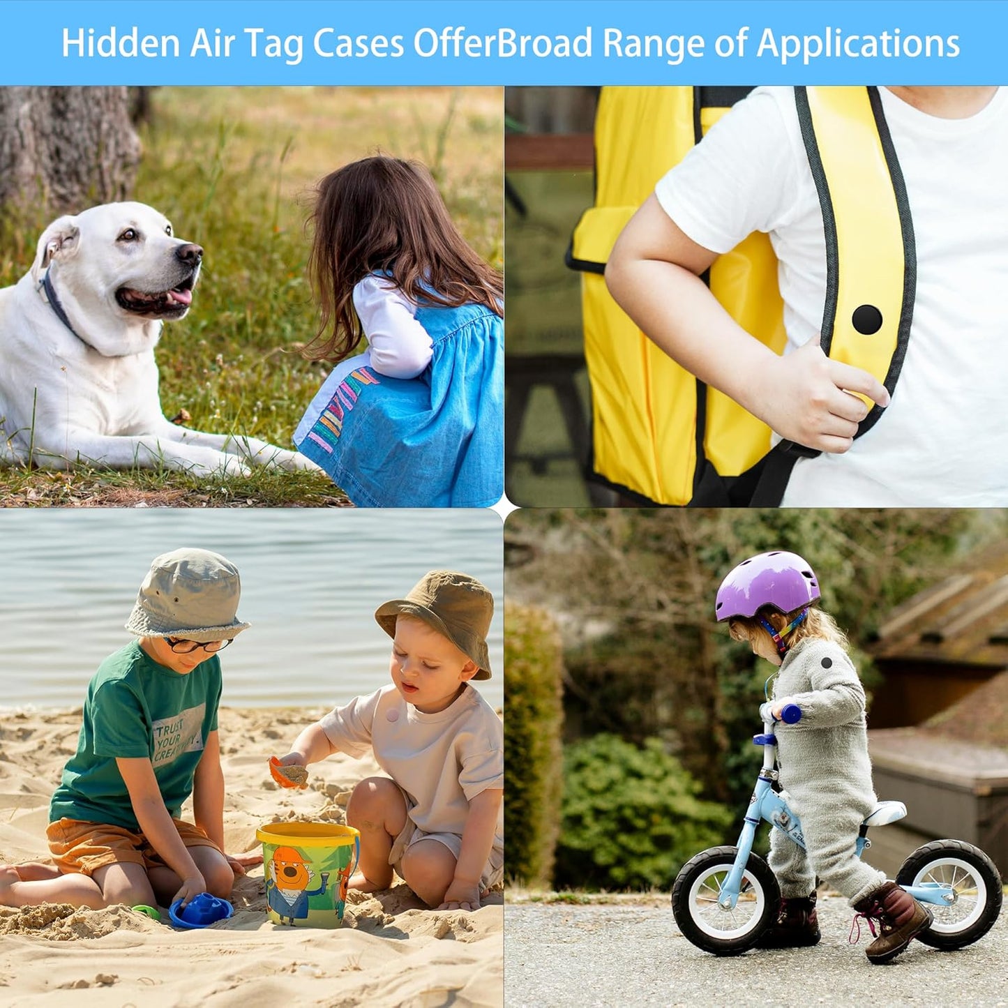Waterproof AirTag Holder for Kids[Discreet] - 4-Pack Mini Silicone Air Tag Cover with Invisible Pin,GPS Tracker Case for Children, Elderly, Clothes, Backpack, Luggage (Black, Pink, White, Purple)