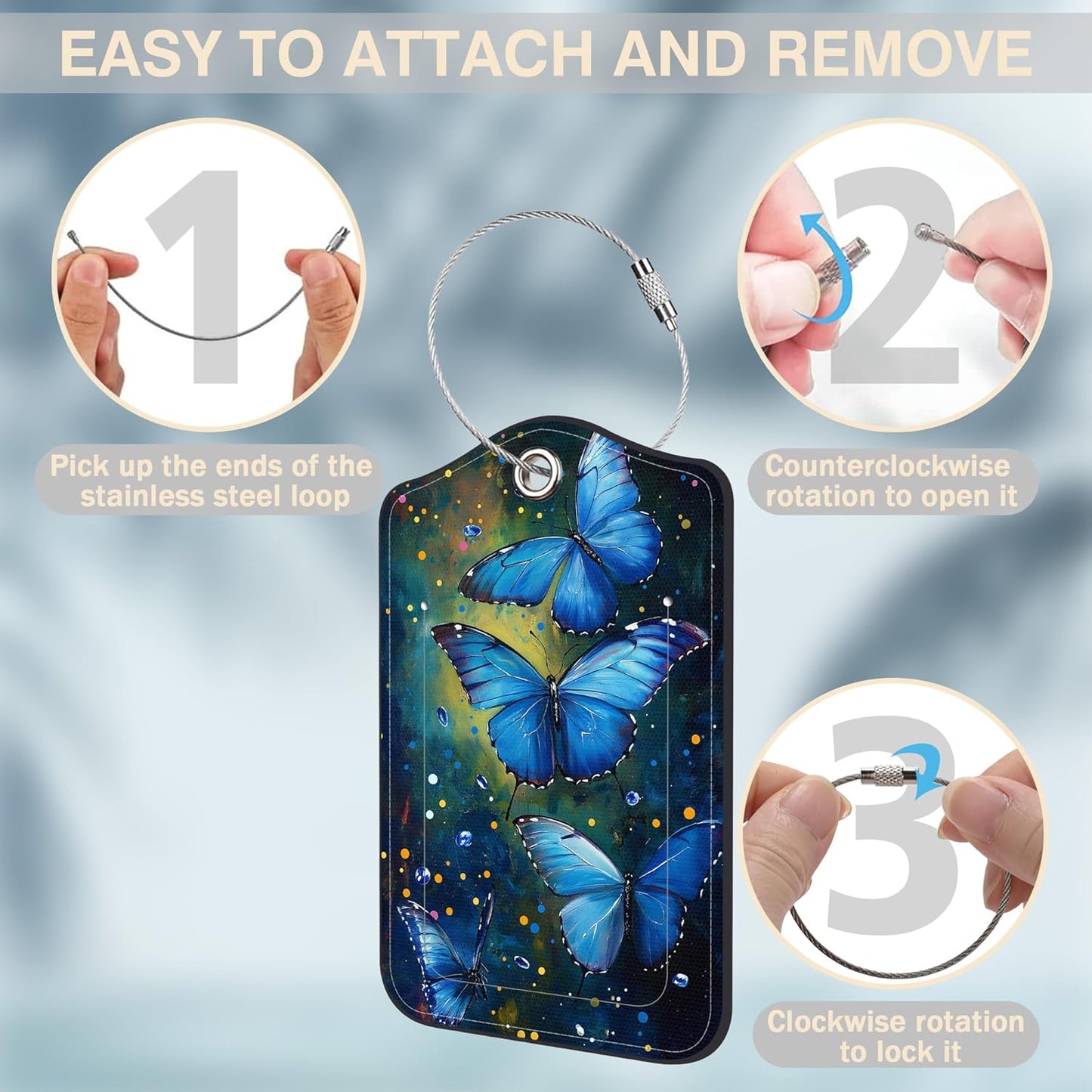 2 Pcs Watercolor Blue Butterfly Luggage Tags for Suitcases PU Leather Baggage Tags Name ID Label with Privacy Cover and Stainless Steel Loop for Men Women Travel Bag Suitcase